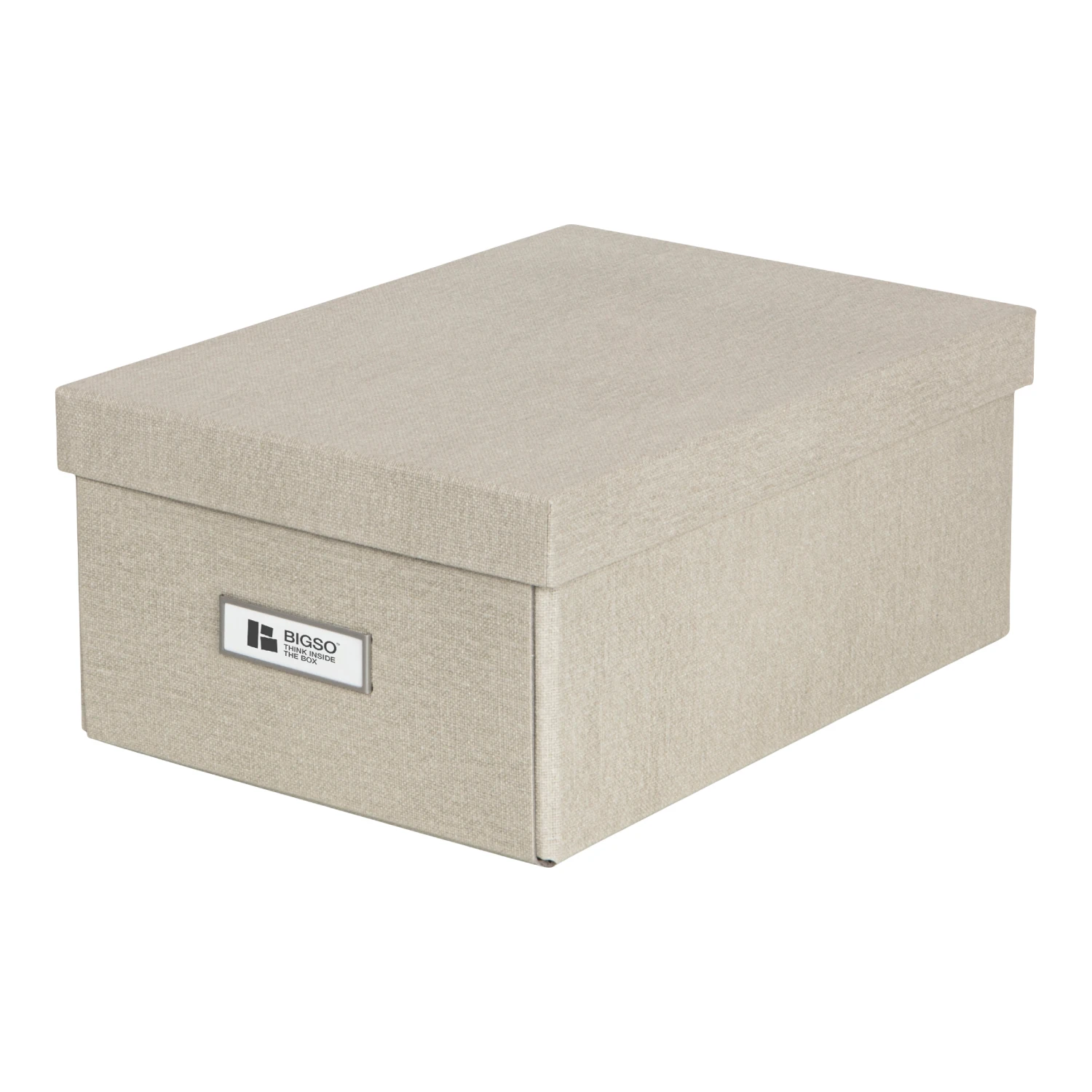 Bigso beige fabric-covered storage box with lid and metal label holder clip on the front, designed for stylish home and office organization. High-quality, sustainable paperboard construction from Bigso’s collection of elegant storage solutions.