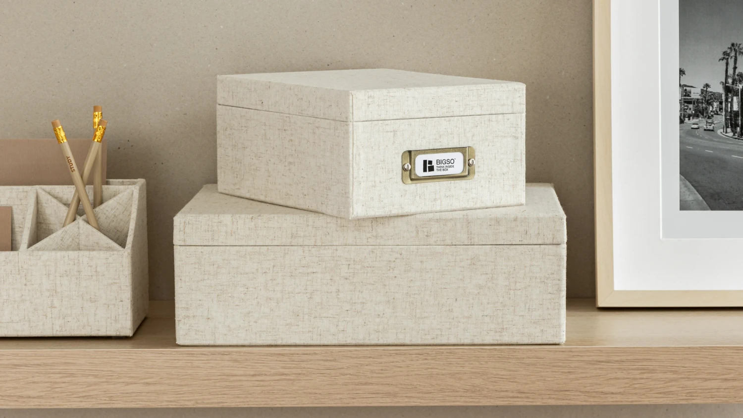 Bigso linen textile storage boxes and desk organizers in beige fabric finish, eco-friendly Scandinavian design for stylish home organization.