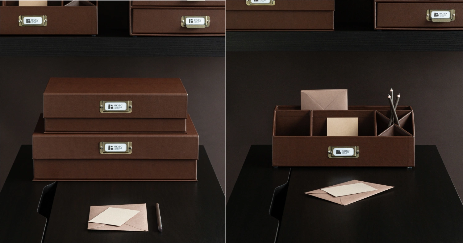 Bigso recycled leather storage boxes and desk organizers in rich brown, made from sustainable leather waste, combining durability with Scandinavian design.