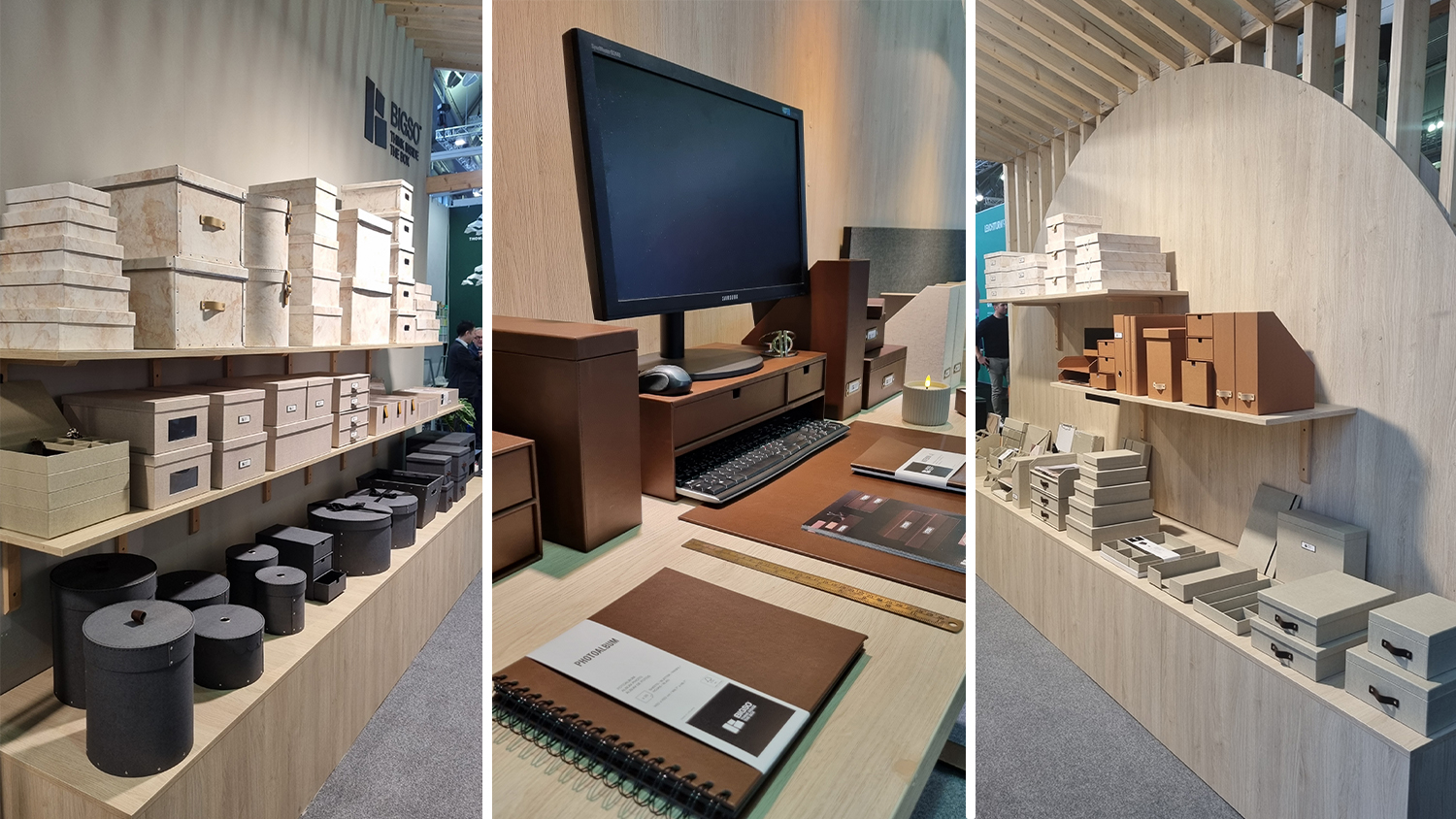 Bigso exhibition booth at Ambiente trade fair 2026, showcasing sustainable desk organizers, storage boxes, and office accessories in modern Scandinavian design.