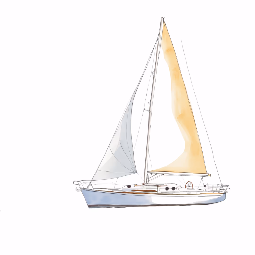 Side view illustration of a sailboat with a yellowish mainsail and a gray jib sail.