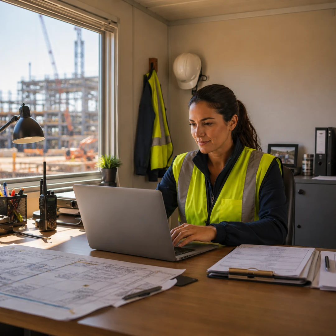 A project coordinator in a hi-vis vest working on a laptop in a site trailer, with construction visible through the window