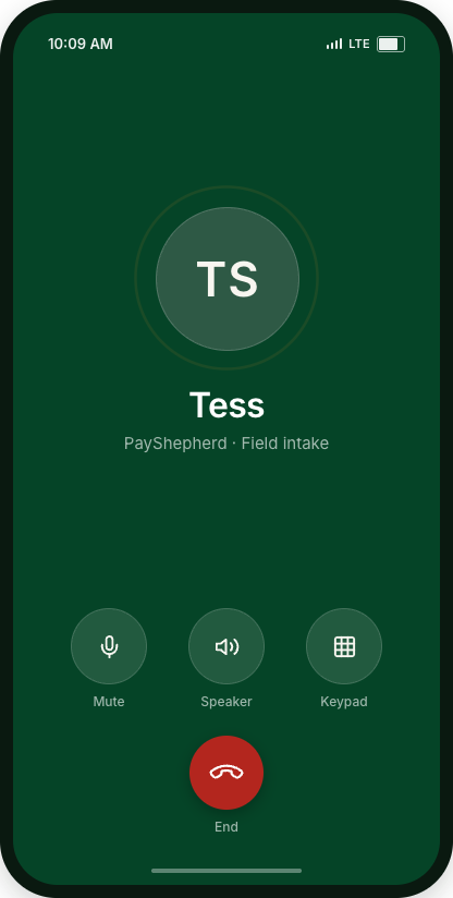 Phone screen showing an incoming call from Tess, PayShepherd field intake