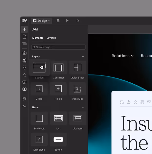 Interface de conception Web montrant un menu latéral avec options d'ajout d'éléments comme Section, Conteneur, Stack, Div Block, Liste, et Bouton.