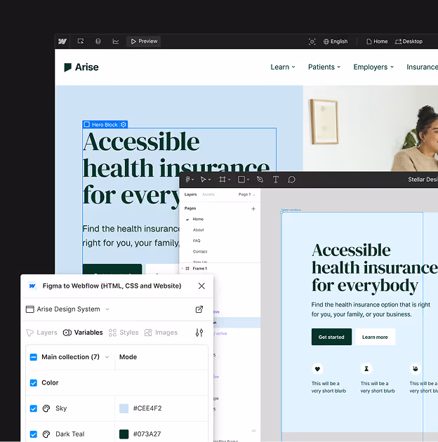 Interface showing a web design project in Figma with a page titled 'Accessible health insurance for everybody' and design variables panel visible.
