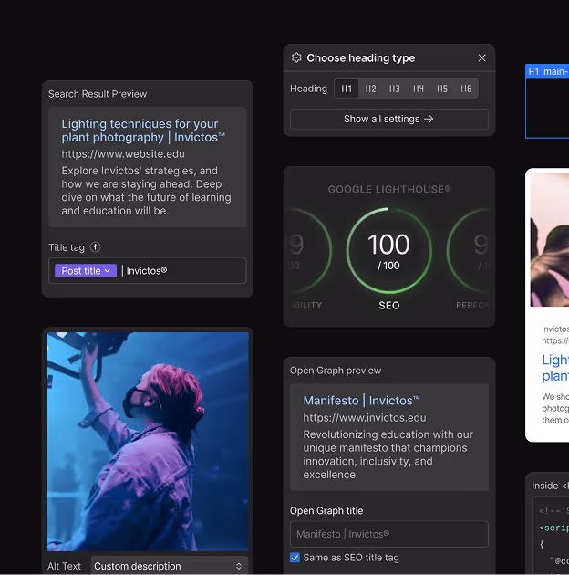 Capture d'écran montrant un aperçu de résultats de recherche, options de type de titre, un score SEO parfait à 100, et un aperçu Open Graph pour Invictos, avec une photo d'une personne portant un masque et levant la main.