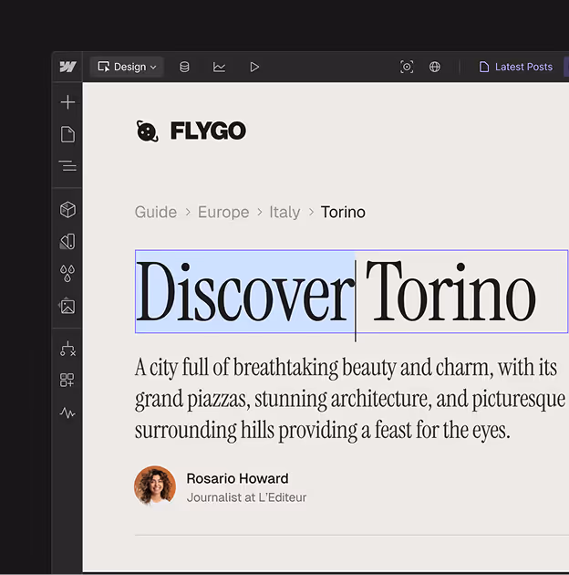 Page web de Flygo présentant un guide de voyage pour Turin, avec le titre Discover Torino et une description de la ville, accompagnée d'une photo et du nom de Rosario Howard, journaliste.