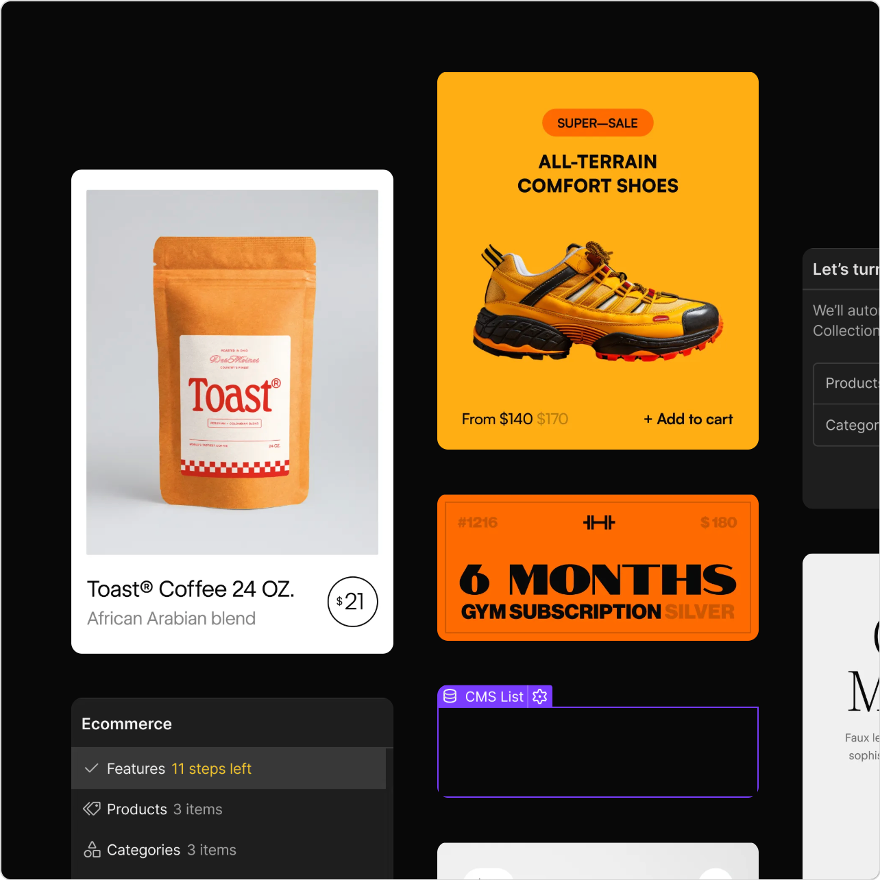 Image d'un emballage de café Toast® 24 OZ, une chaussure de sport tout-terrain orange en promotion à partir de 140 dollars, et une carte d'abonnement gym de 6 mois argent à 180 dollars.
