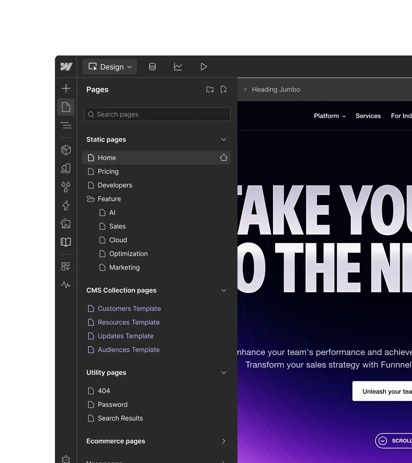 Interface d'un éditeur de site web montrant un menu latéral avec des pages statiques, collections CMS, pages utilitaires et commerce électronique.
