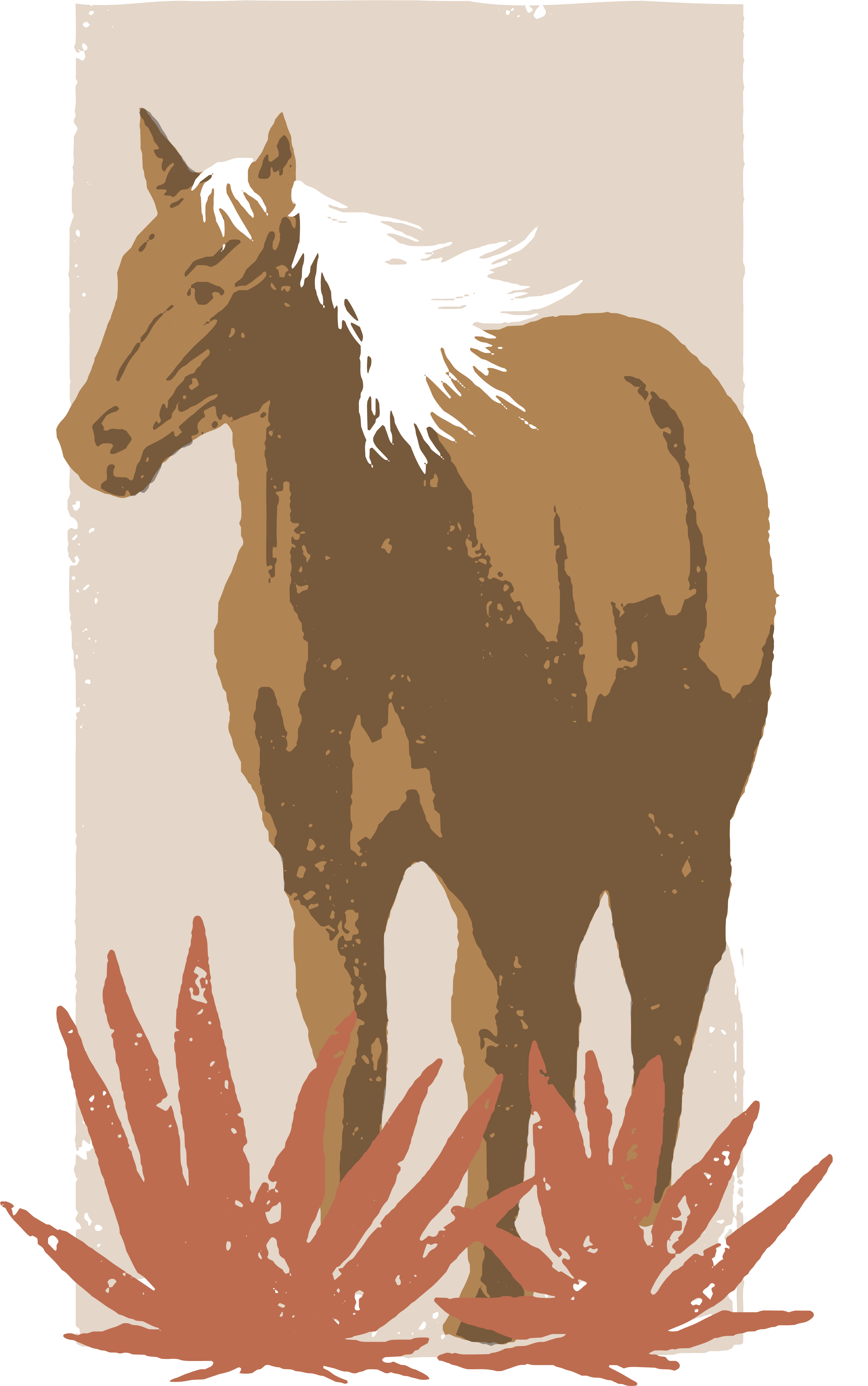 Stylized illustration of a brown horse with a white mane standing behind two reddish plants.
