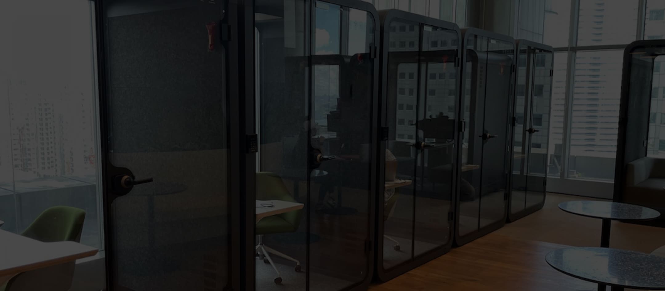 A room with a lot of glass doors in it.