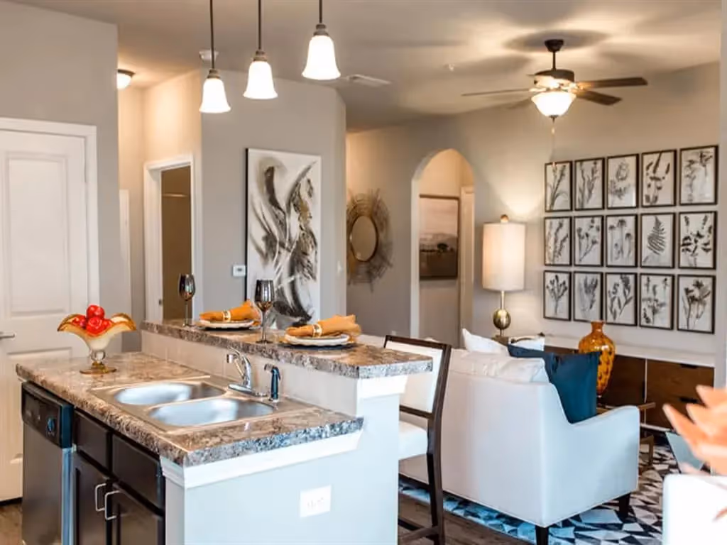 Living room and kitchen island