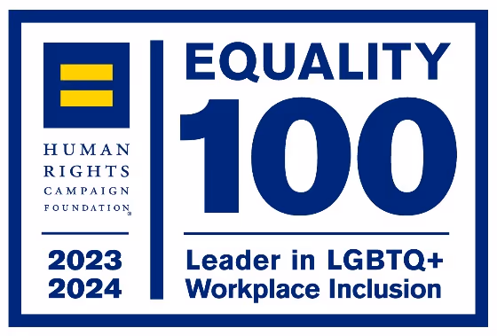 A certification badge from the Human Rights Campaign Foundation, featuring the text 'EQUALITY 100' and stating 'Leader in LGBTQ+ Workplace Inclusion' for the years 2023 and 2024.