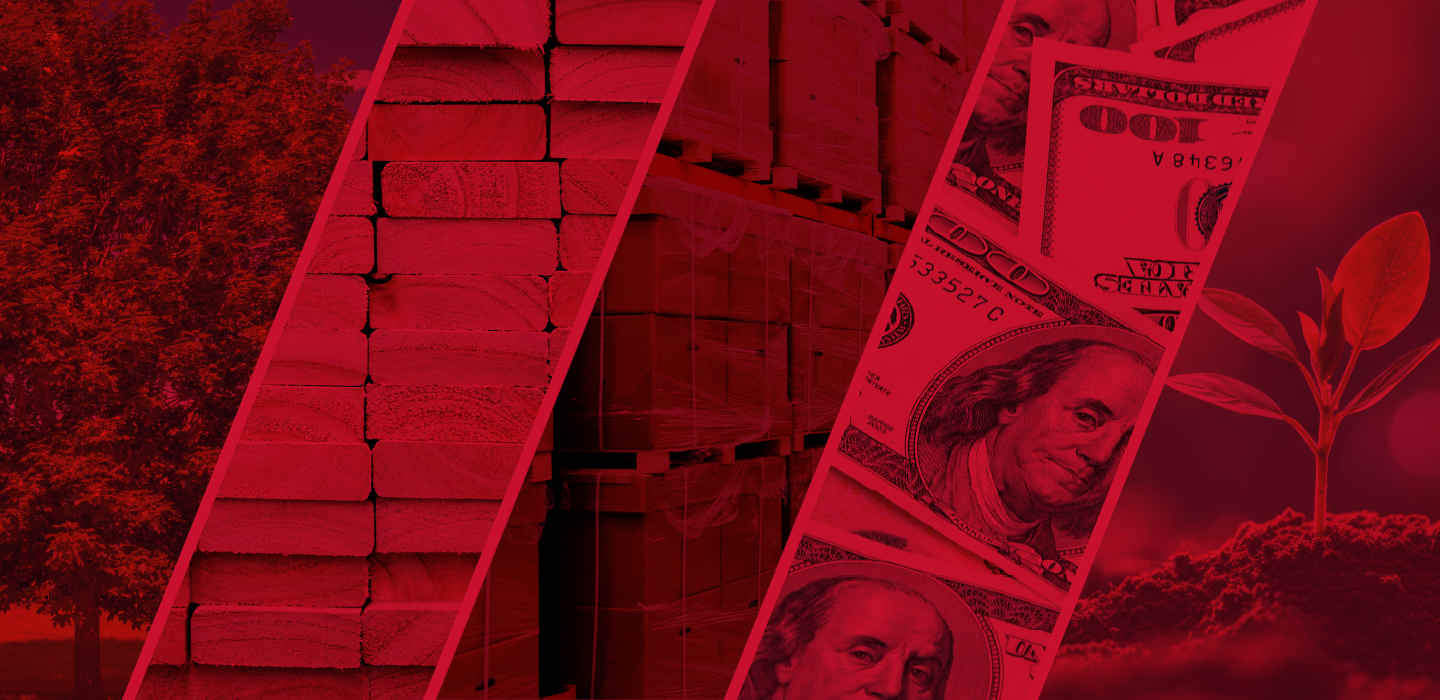 Red-toned montage of trees, lumber, a trailer, currency and a seedling.