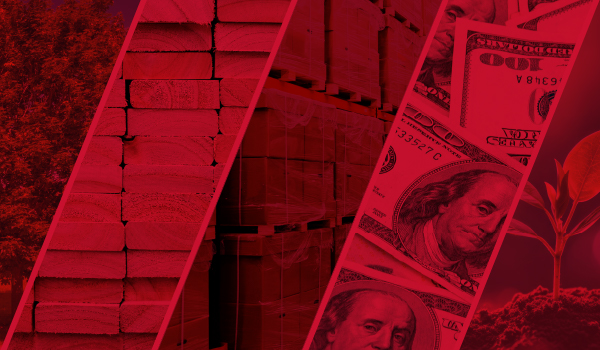 Red-toned montage of trees, lumber, a trailer, currency and a seedling.