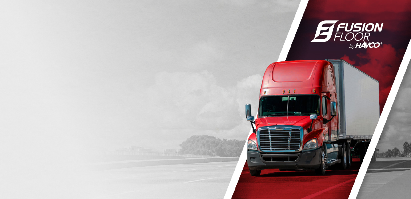 Red tractor-trailer alongside the Fusion Floor by Havco logo.