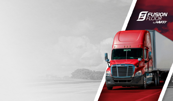 Red tractor-trailer alongside the Fusion Floor by Havco logo.