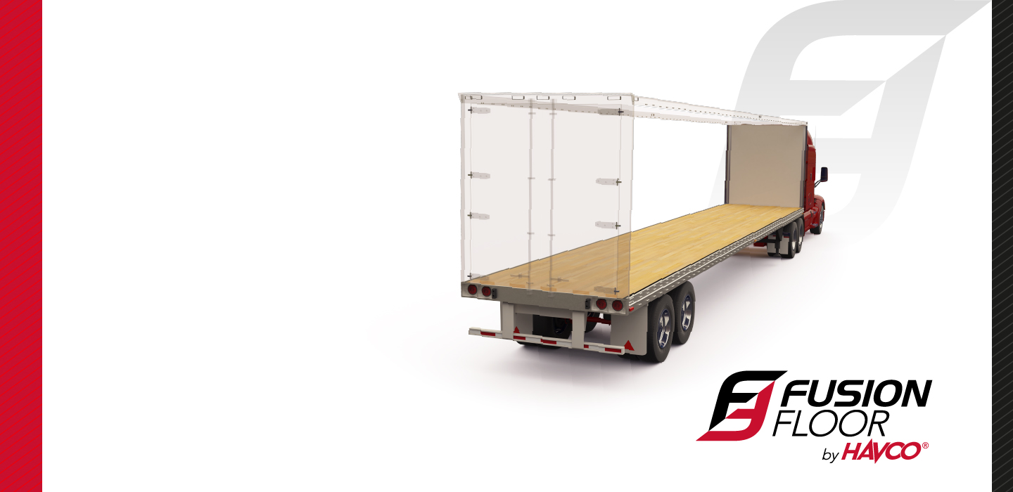 Cutaway of a dry van trailer showing its wood floor, with the Fusion Floor by Havco logo.