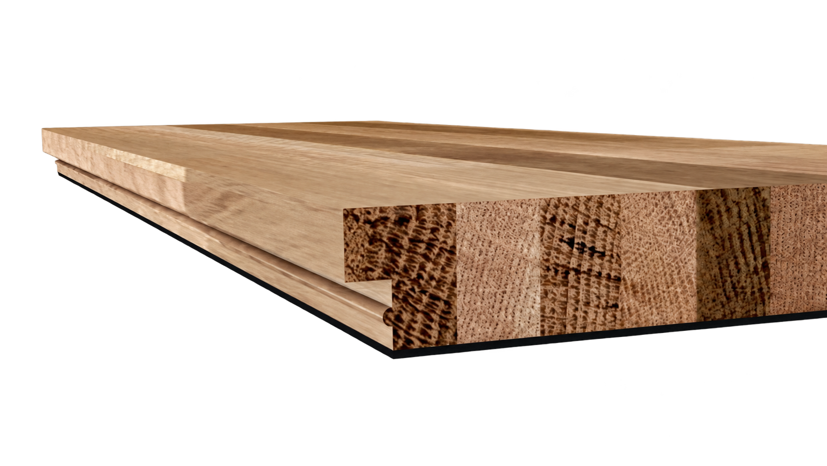 Cross-section of a laminated hardwood floorboard with water-based black undercoating on the underside.