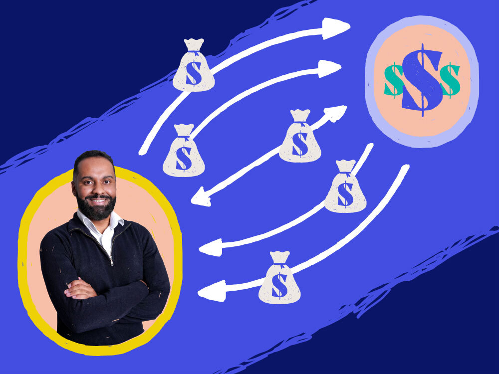 multiple arrows and money bags connecting a man and a dollar sign