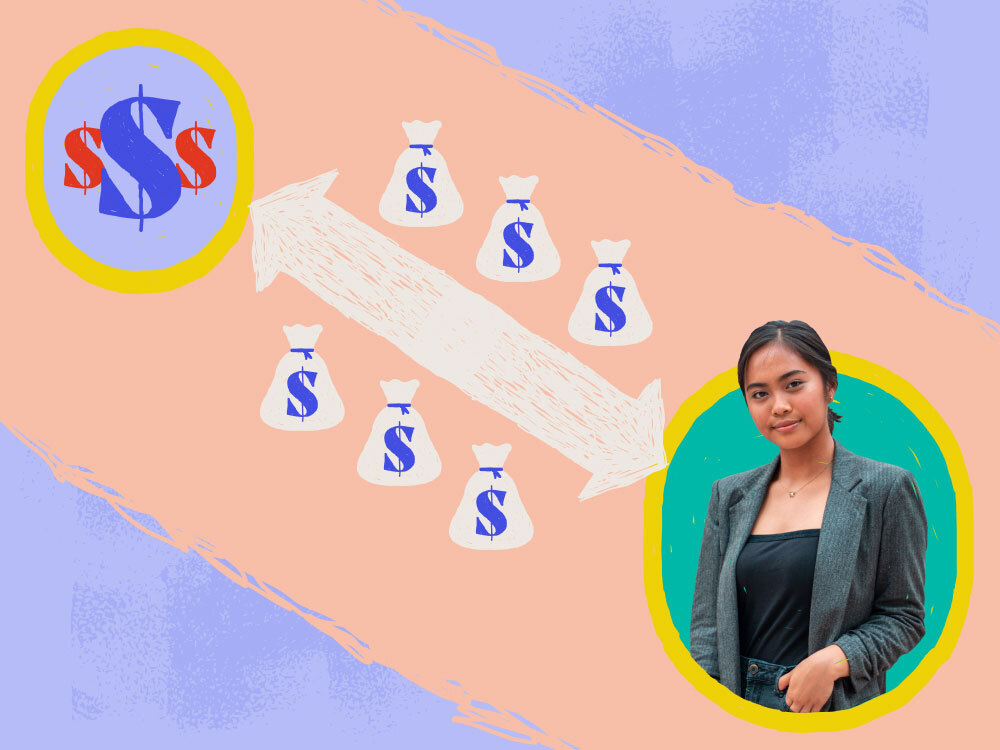 an arrow connecting dollar signs and a woman with money bags along the arrow