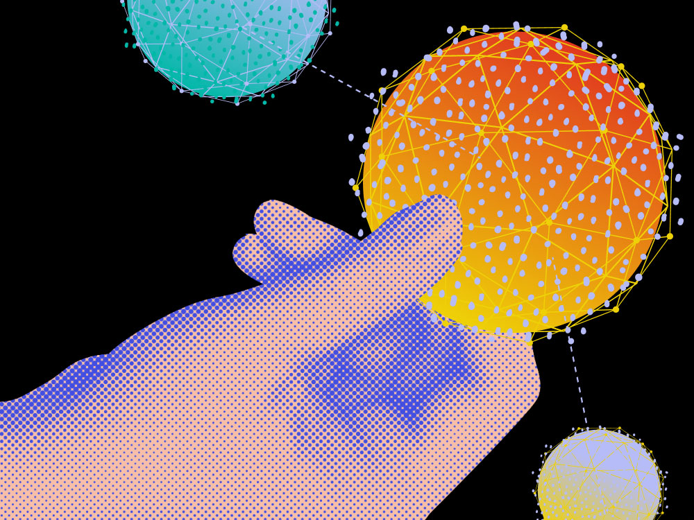 a hand holding a planet connected to other planets by dots
