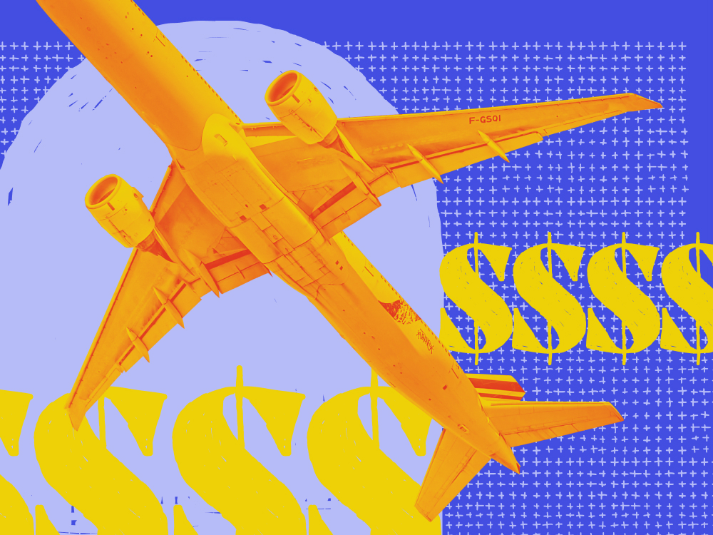 Basq image of airplane flying high over dollar signs
