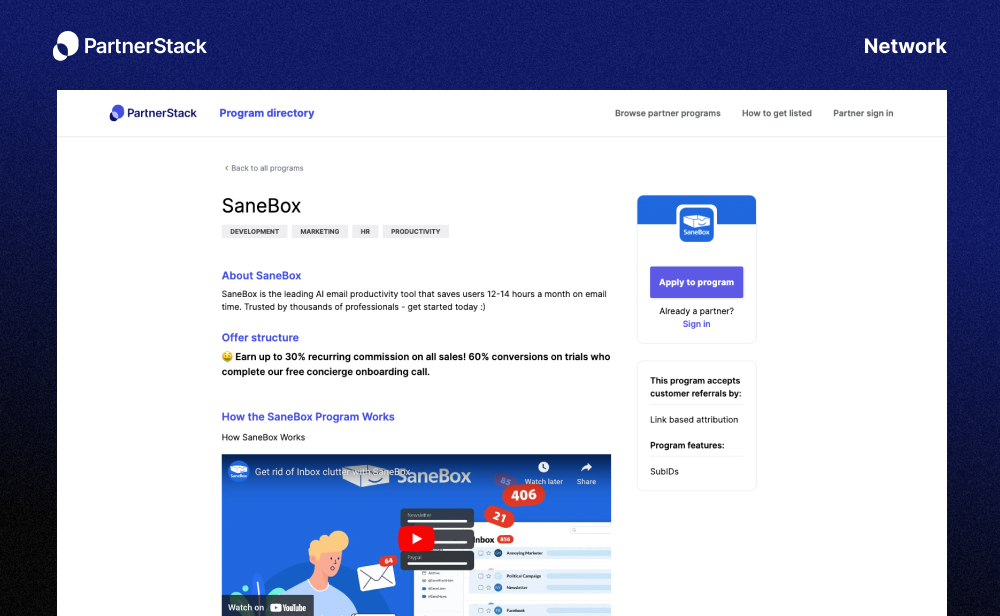 A screenshot of Sanebox's Network listing in the PartnerStack Marketplace