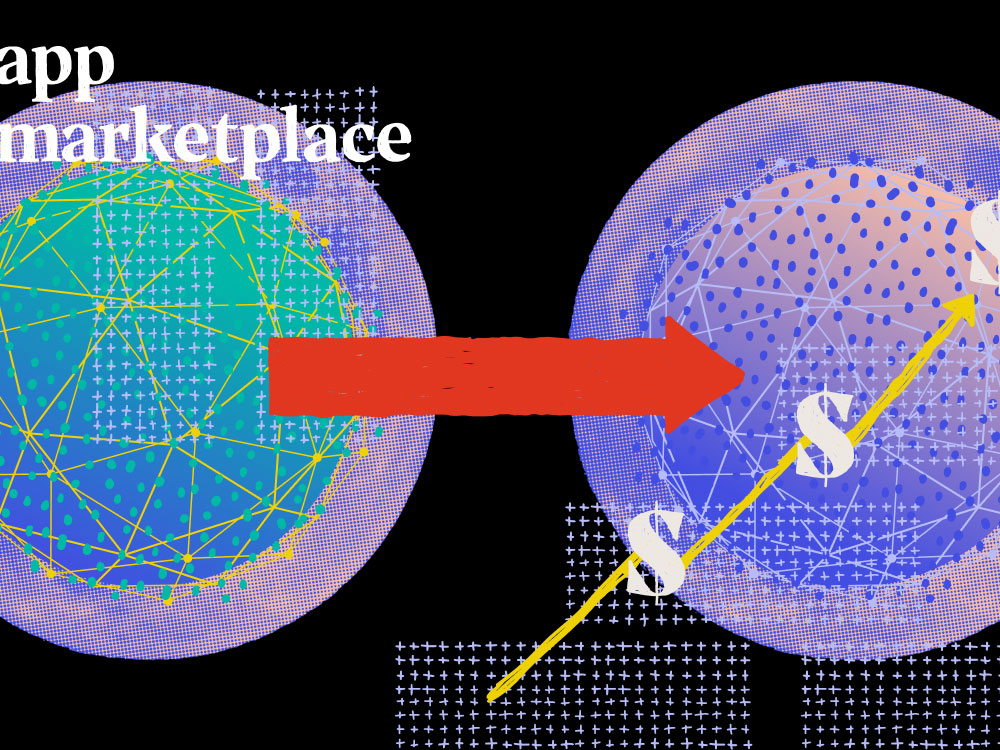 the term app marketplace above two ecosystem orbs connected by dollar signs