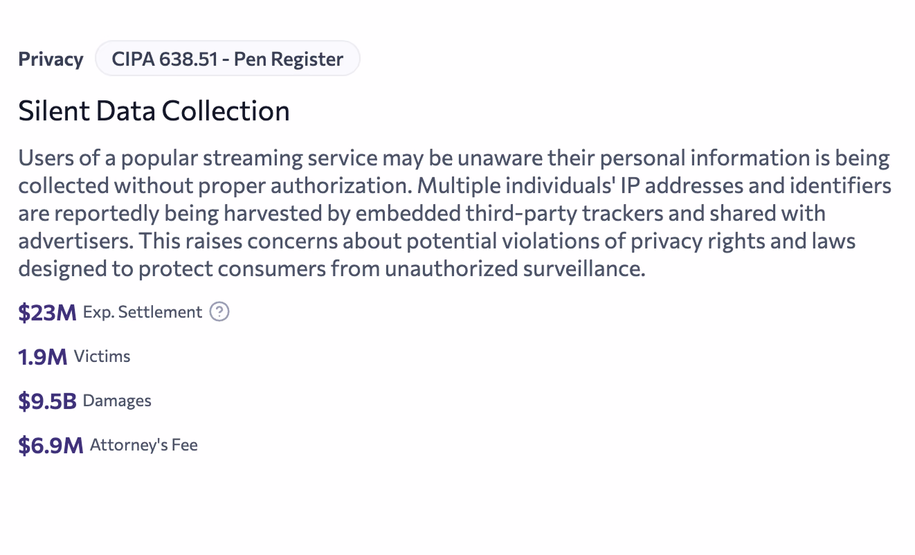 “Silent Data Collection” UI card about a streaming service collecting/sharing user identifiers via third-party trackers; includes settlement/victims/damages stats.