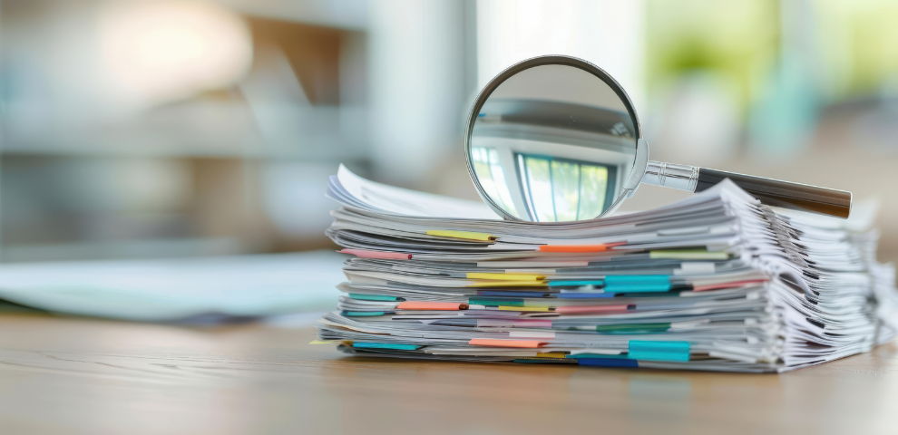 Magnify glass on top of stack of papers