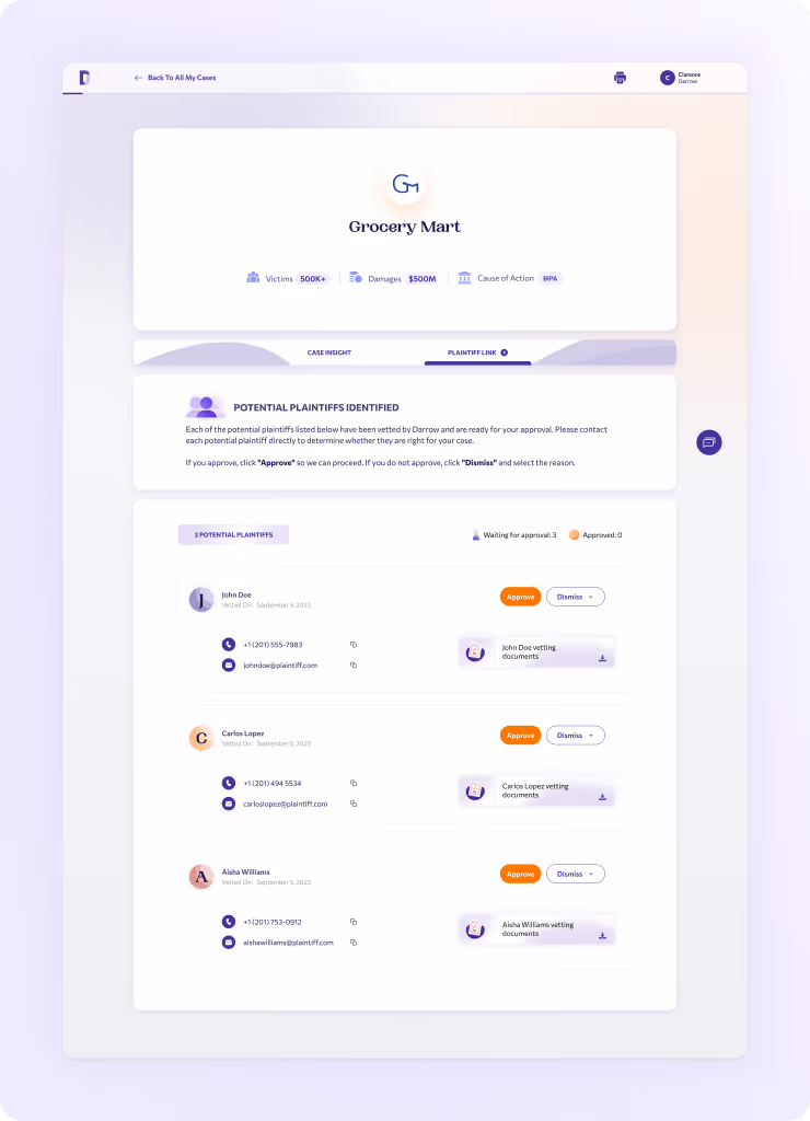 PlaintiffLink - potential plaintiff found screen