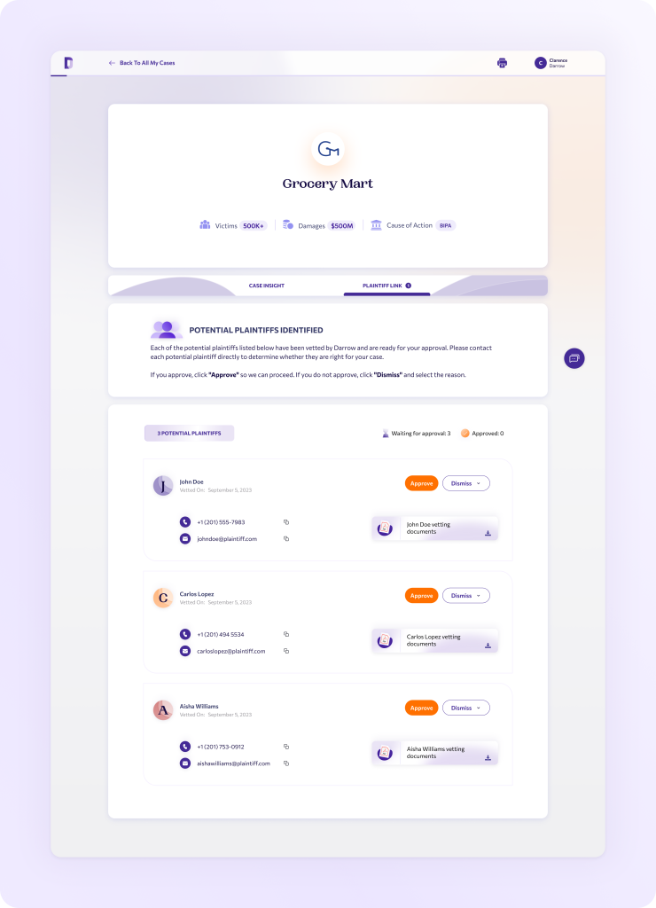 PlaintiffLink - potential plaintiff found screen