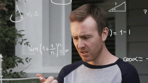 GIF of a person counting on their fingers looking confused as mathematical equations float around their head.