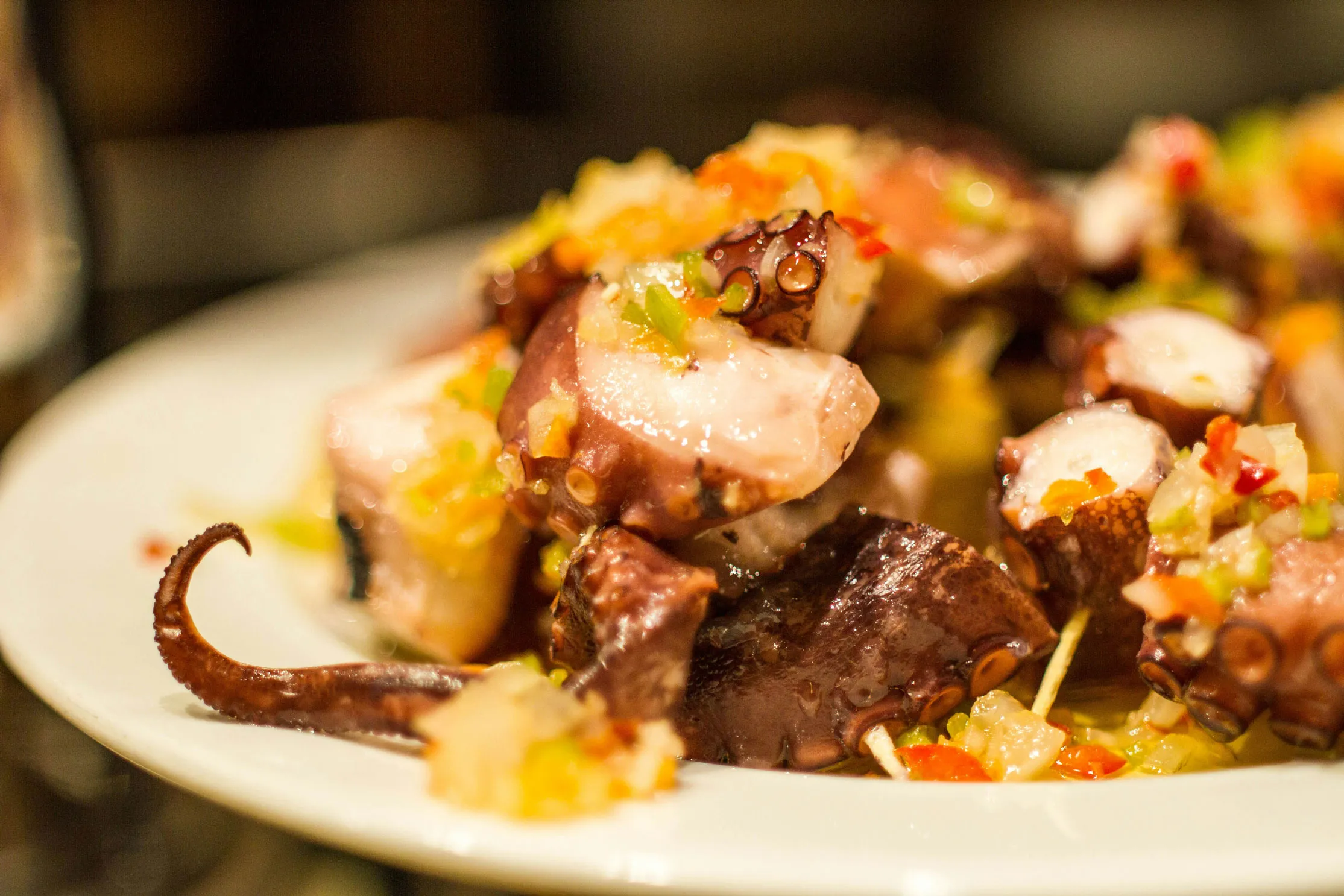 A food dish with octopus