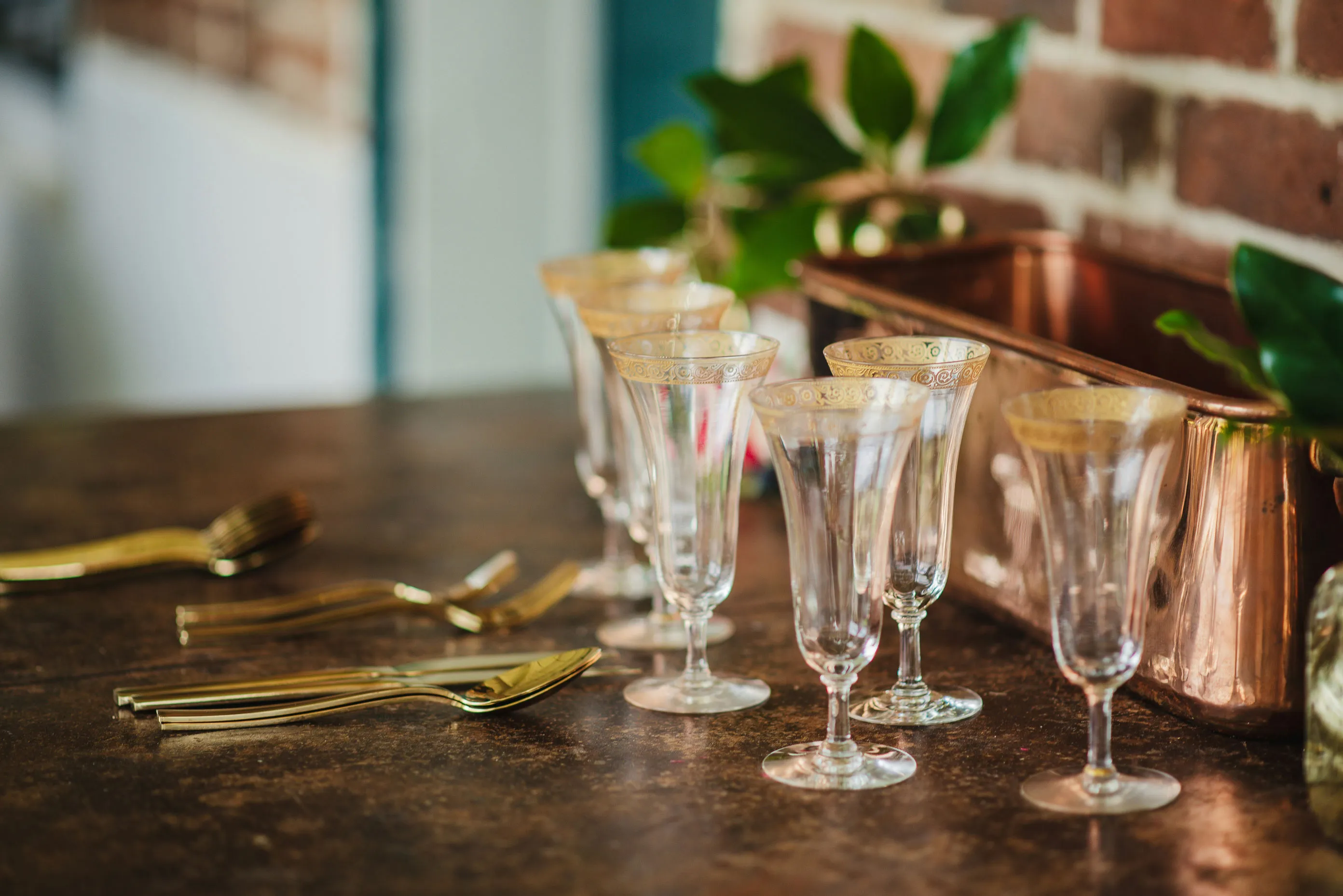 Fine dining cutlery and glasses on a table