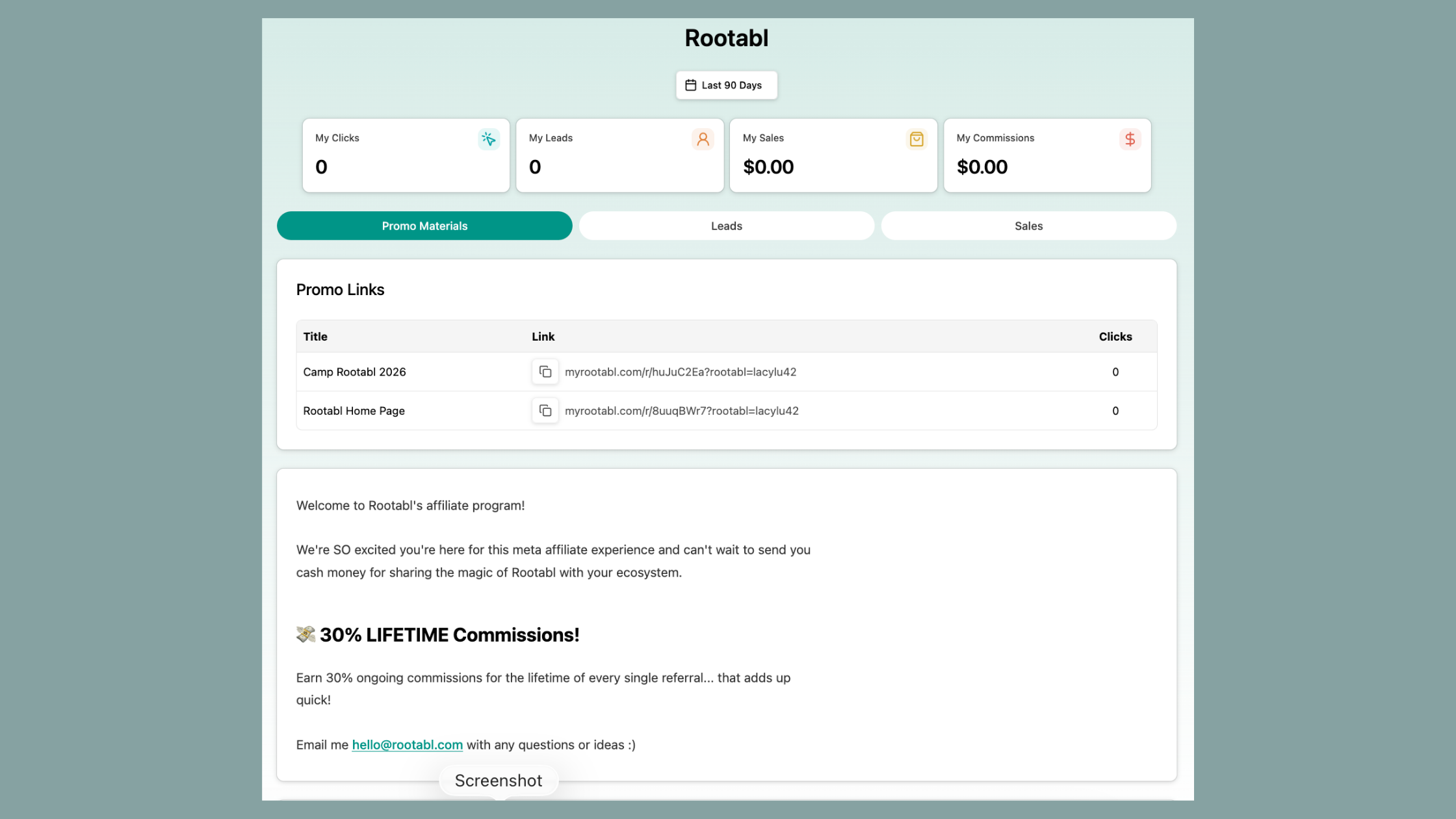 A screenshot of Rootabl's affiliate dashboard. 