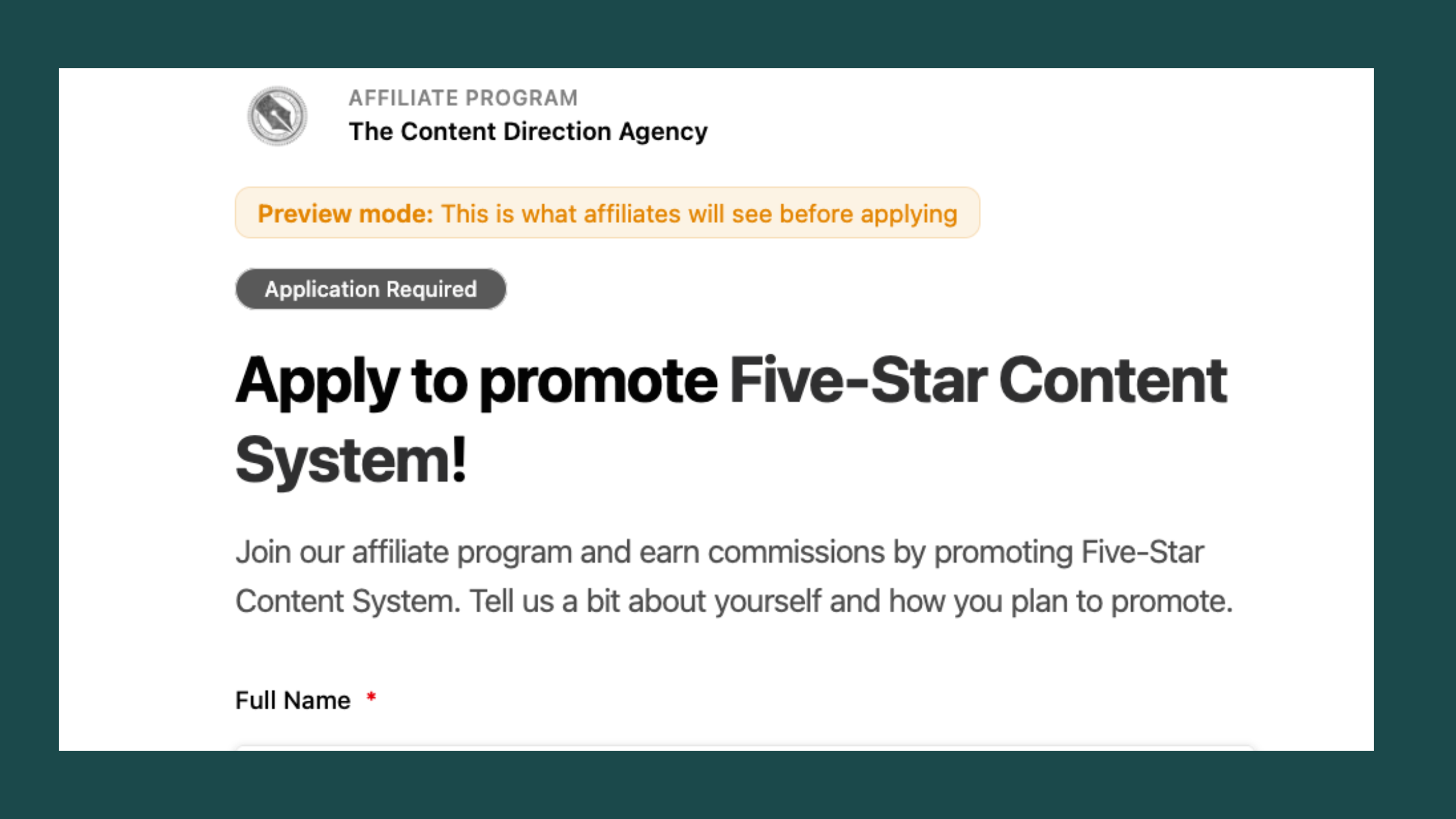 Screenshot of an affiliate application page in Rootabl.