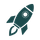 Simple teal rocket icon angled upwards with small windows and fins.