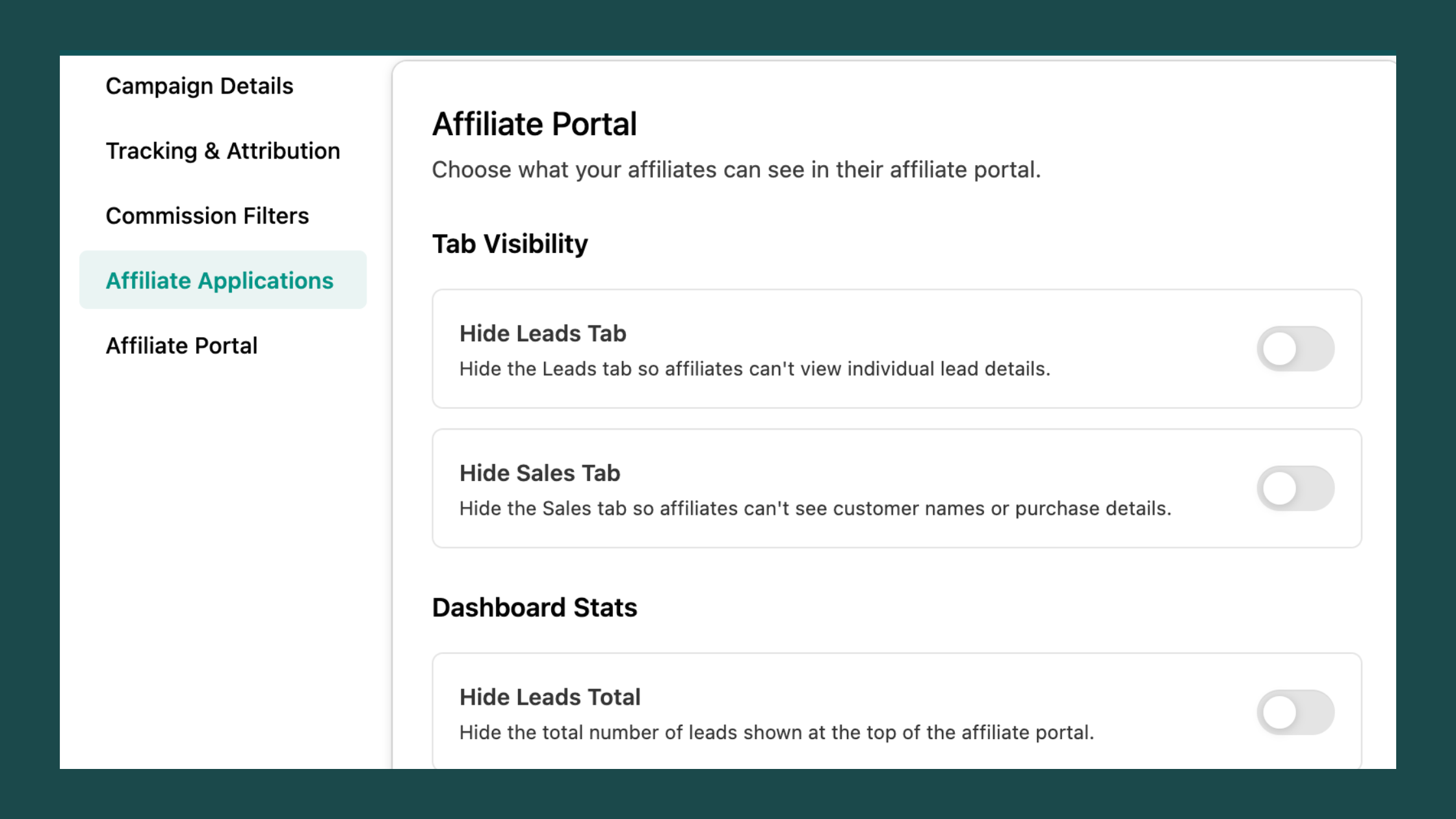A screenshot of the customizations available for the affiliate portal in Rootabl.