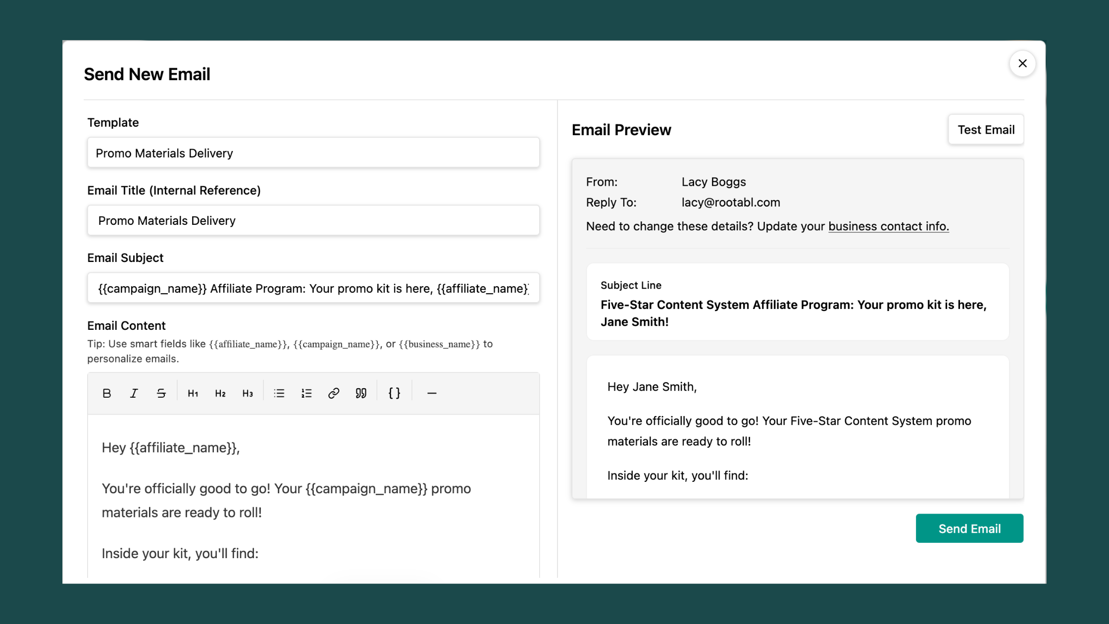 A screen shot of the email composer window to email affiliates directly from the Rootabl app.