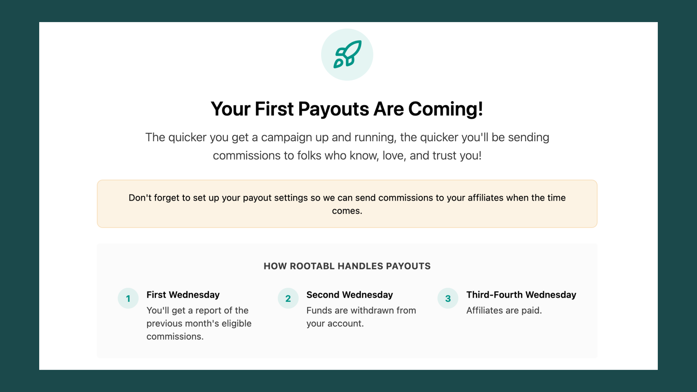 A screenshot of the automated affiliate payouts window in Rootabl.