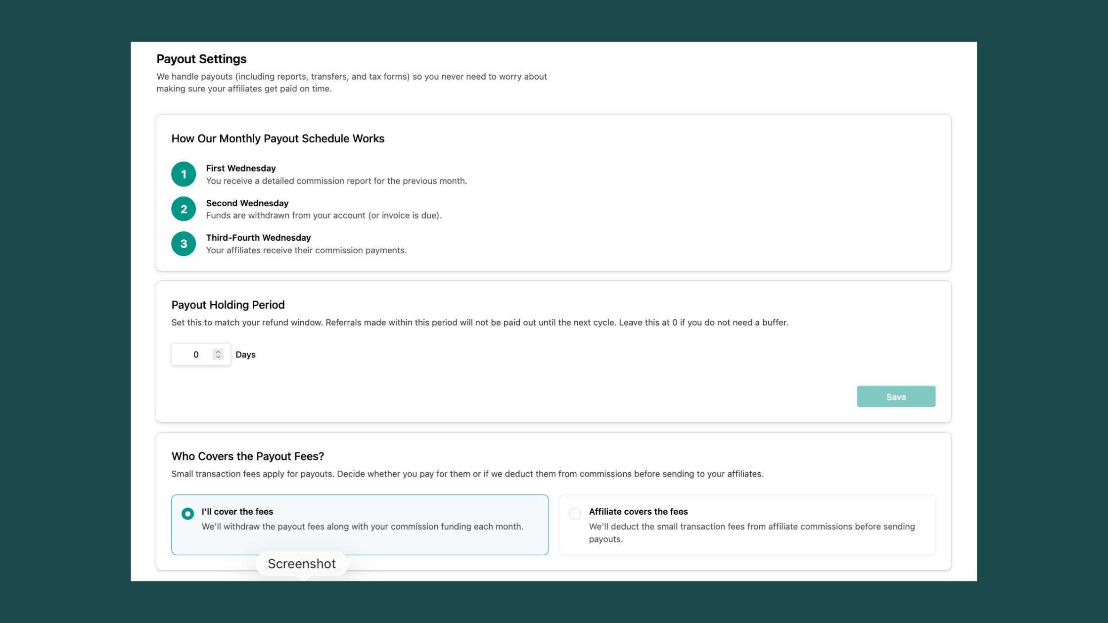 A screenshot of the payout settings window in Rootabl for automated affiliate payouts