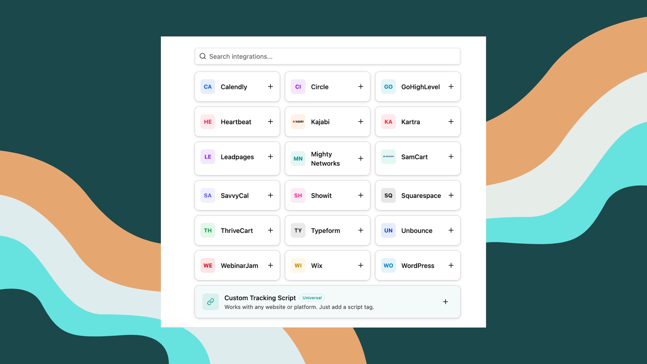 A screenshot of the list of Rootabl's native integrations as a cross-platform affiliate tracking software.