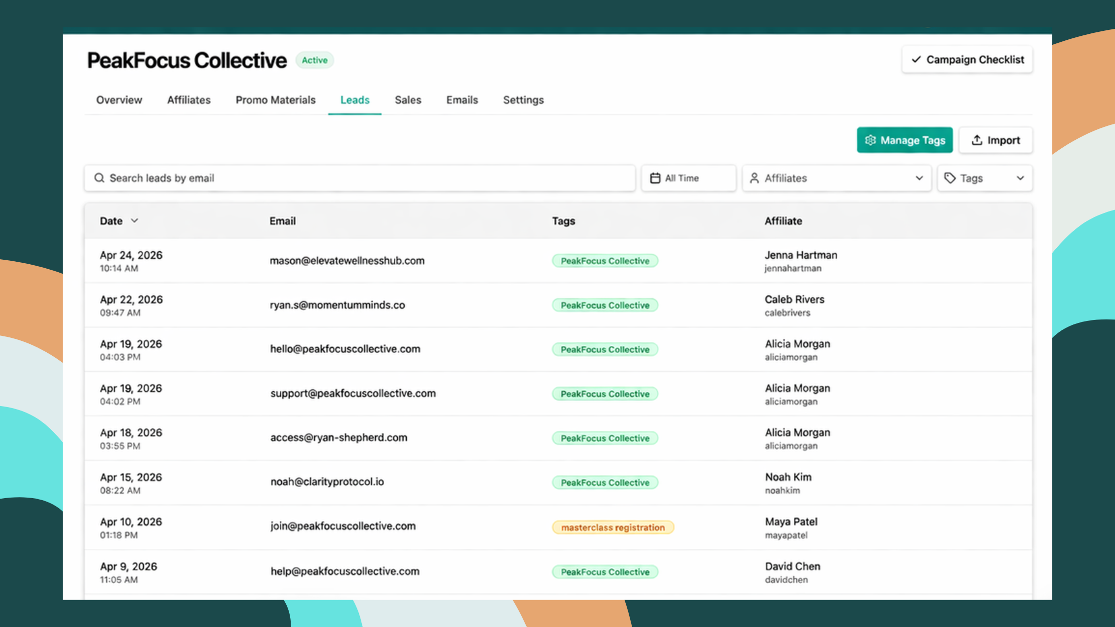 Screenshot of the Leads List affiliates dashboard in Rootabl