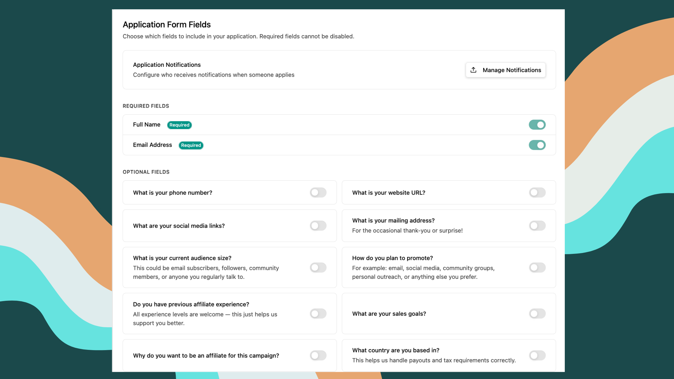 A screenshot of the Rootabl affiliate application dashboard where you can toggle questions on and off.