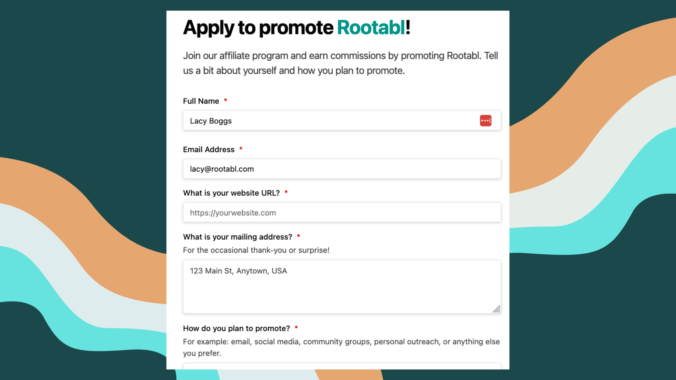 Screenshot of an affiliate application in Rootabl.
