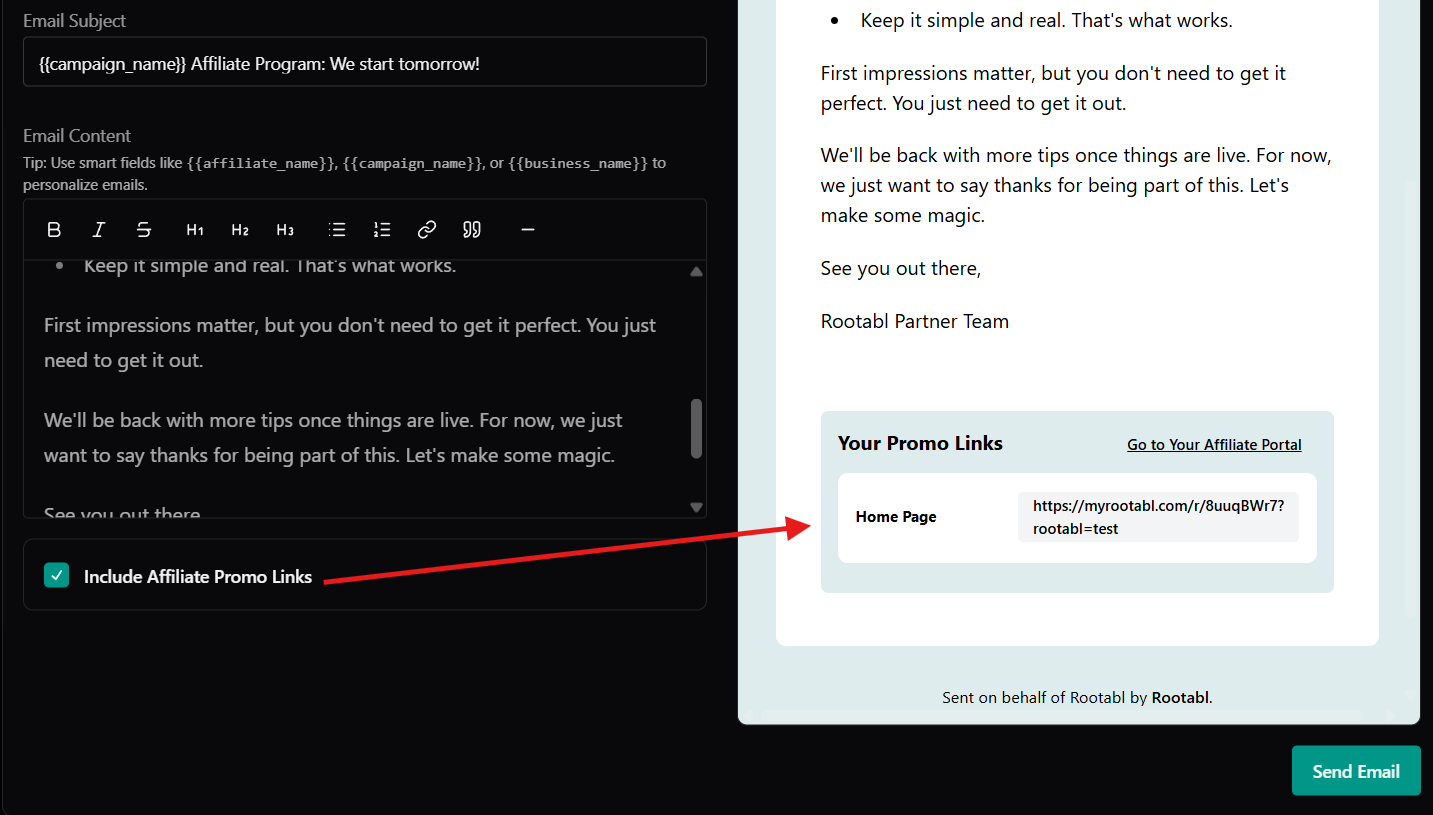 A screenshot of the email builder in Rootabl with a red arrow from the "include affilliate promo links" checkbox to what that looks like in the preview email.