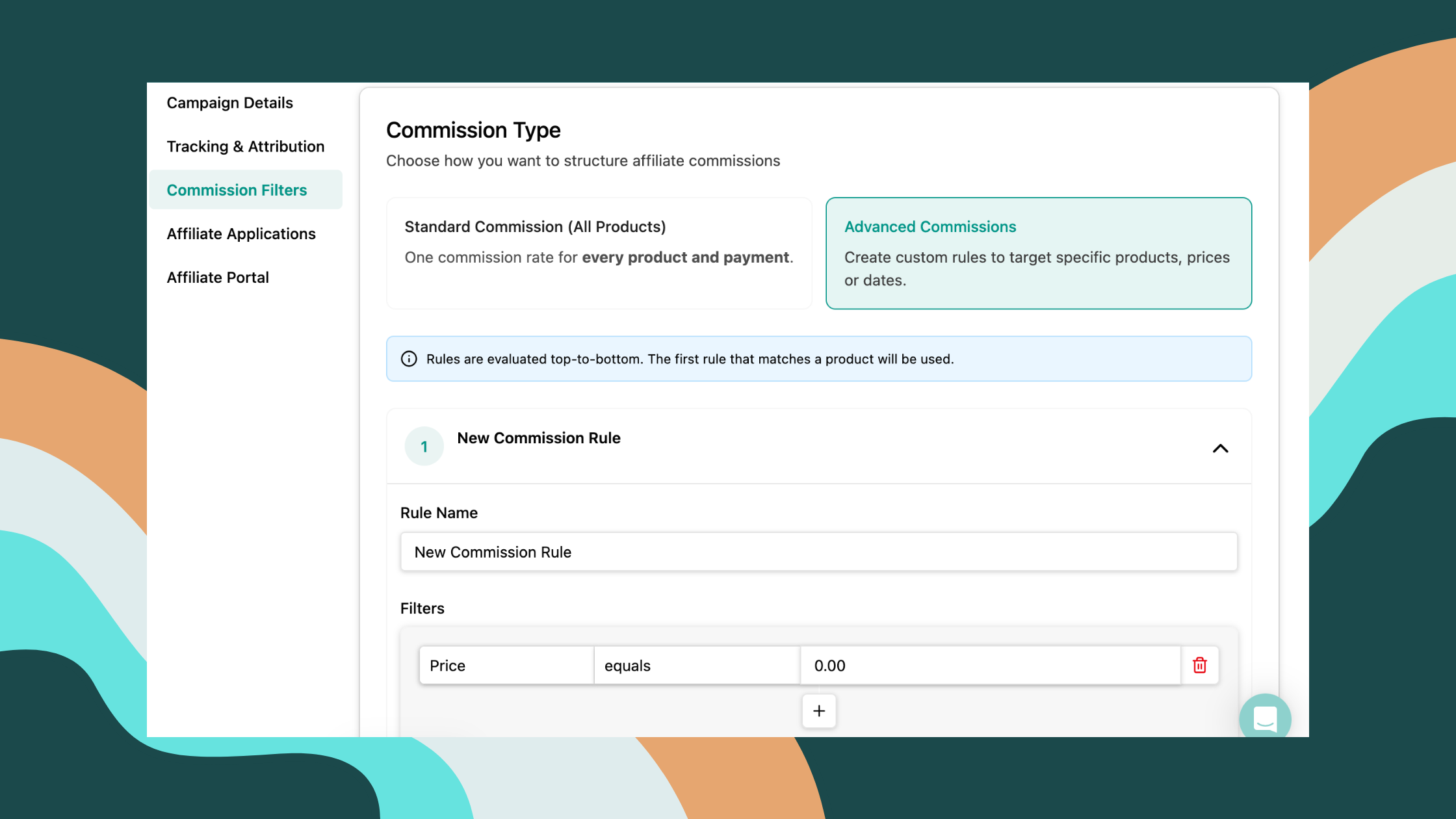 A screenshot of advanced commission filters window in Rootabl.