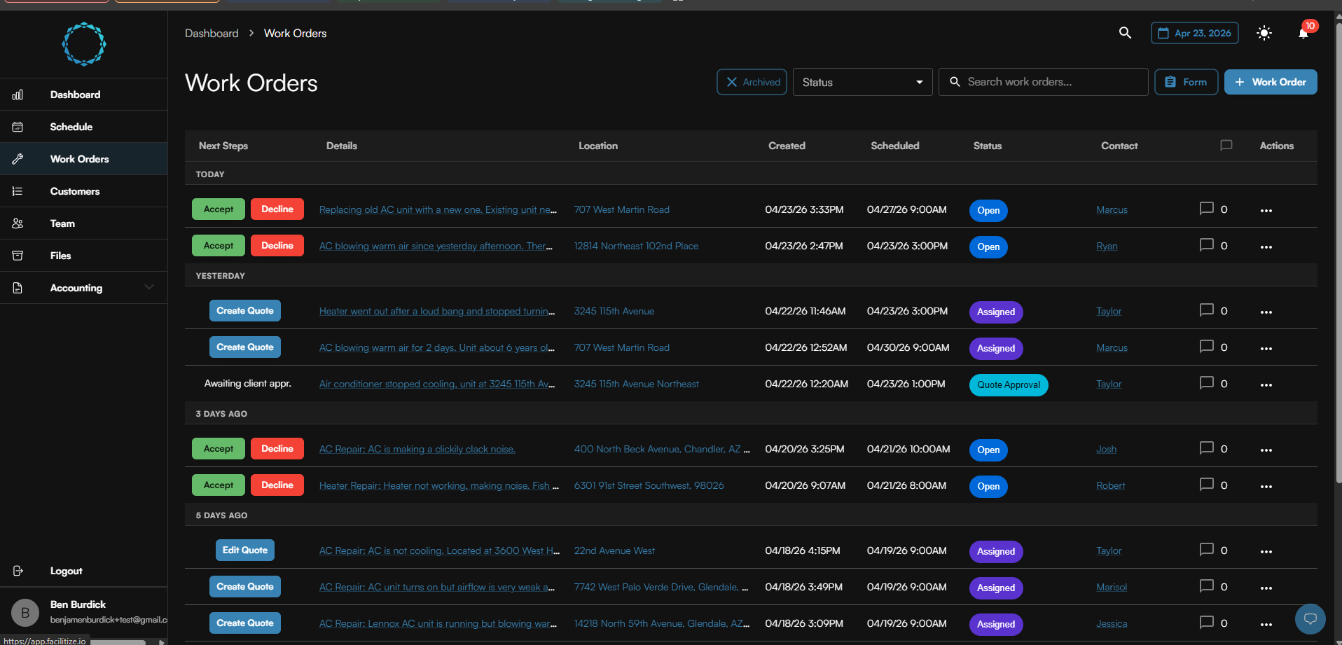 Facilitize work orders list with Accept, Decline, and Create Quote buttons